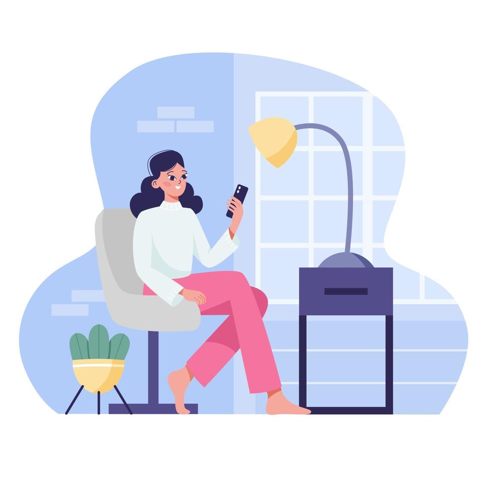 A woman is sitting on a chair with a phone in her hands on the background of room interior. The concept of online ordering, shopping, and delivery. Flat vector illustration.