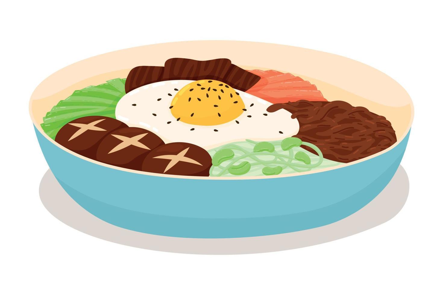 Bibimbap Korean Traditional Food. Rice Mixed with Various Ingredients in Blue Bowl vector