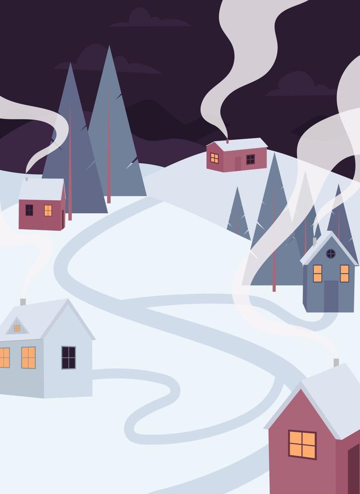 Christmas vacation in the mountains. Winter night landscape snow, warm cozy houses and pine trees. Holidays in little hygge village house. Forest background ski resort. Vector illustration.
