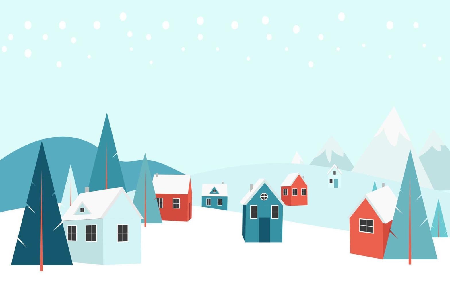 vacaciones de navidad en las montañas. día de invierno paisaje al aire libre nieve, casas cálidas y acogedoras y pinos. vacaciones en casita de pueblo. estación de esquí de fondo forestal. ilustración vectorial vector