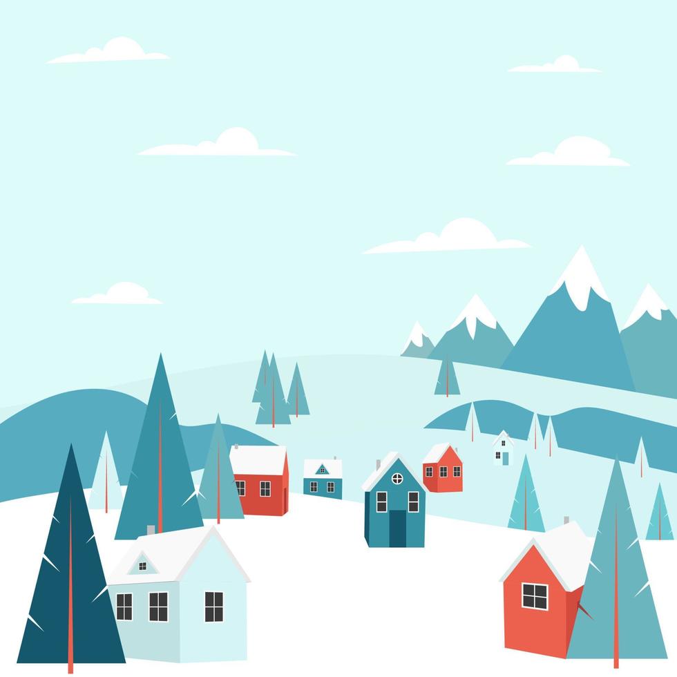 vacaciones de navidad en las montañas. día de invierno paisaje al aire libre nieve, casas cálidas y acogedoras y pinos. vacaciones en casita de pueblo. estación de esquí de fondo forestal. ilustración vectorial vector