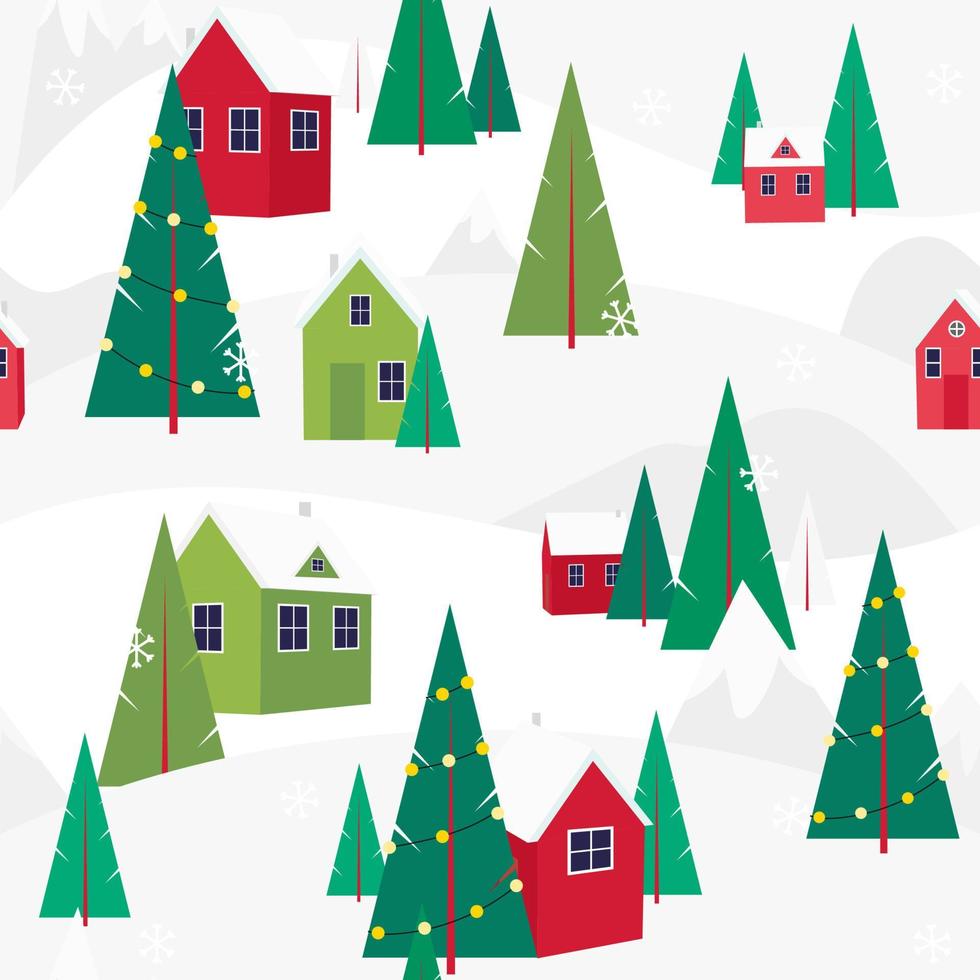 Seamless pattern Christmas vacation in the mountains. Winter day outdoor landscape snow, warm cozy houses and pine trees. Holidays in village house. Forest background ski resort. Vector illustration.