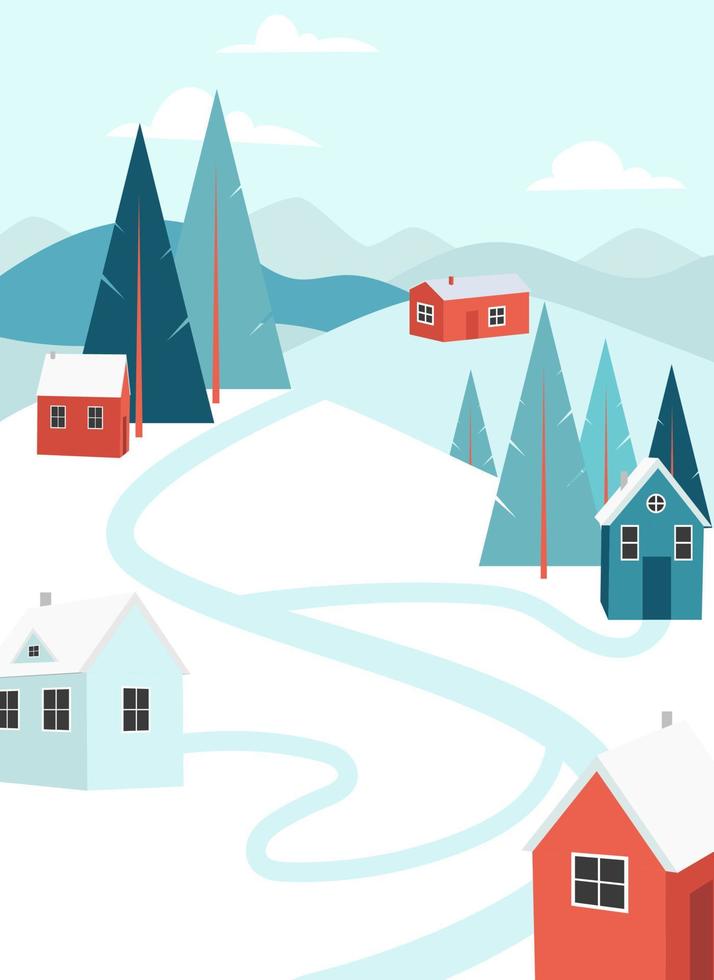 vacaciones de navidad en las montañas. día de invierno paisaje al aire libre nieve, casas cálidas y acogedoras y pinos. vacaciones en casita de pueblo. estación de esquí de fondo forestal. ilustración vectorial vector