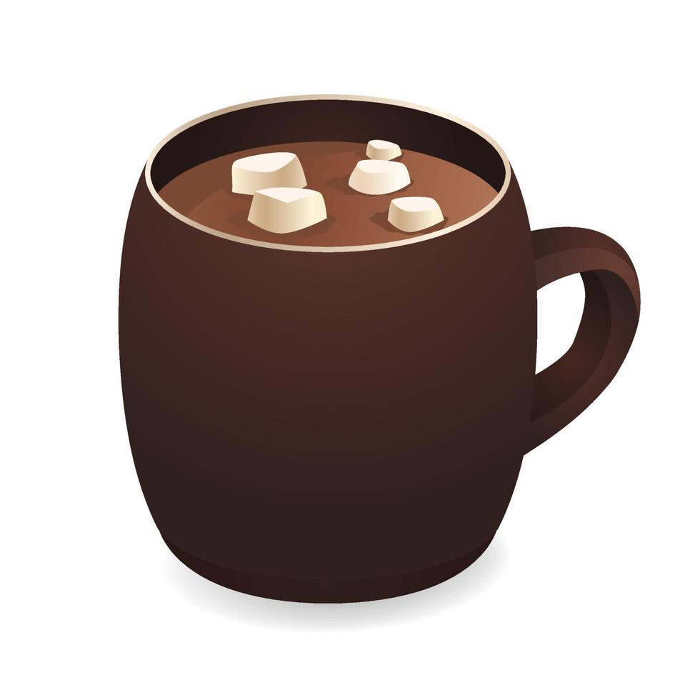Homemade spicy hot chocolate with a cinnamon stick in brown cup. Hot cocoa with marshmallows in ceramic mug. The concept of a cozy holiday and the New Year. Vector realistic illustration.
