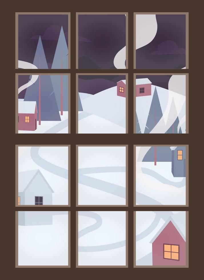 Vacation in the mountains inside the warm cozy house looking through the window. Winter night landscape snow, houses and trees. Hygge village house. Forest background ski resort. Vector illustration.