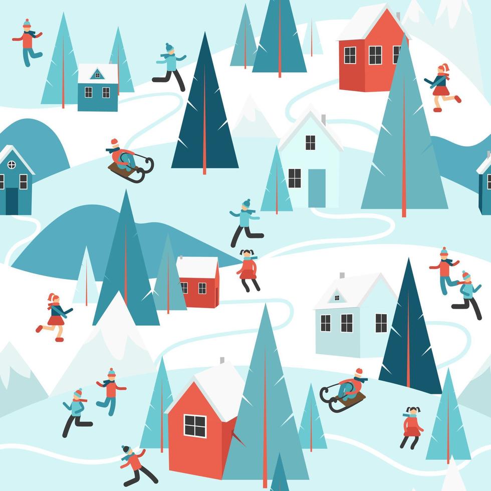 Seamless pattern Christmas vacation in the mountains. Winter outdoor landscape snow, warm cozy houses, people and pine trees. Children playing. Forest background ski resort house. Vector illustration.