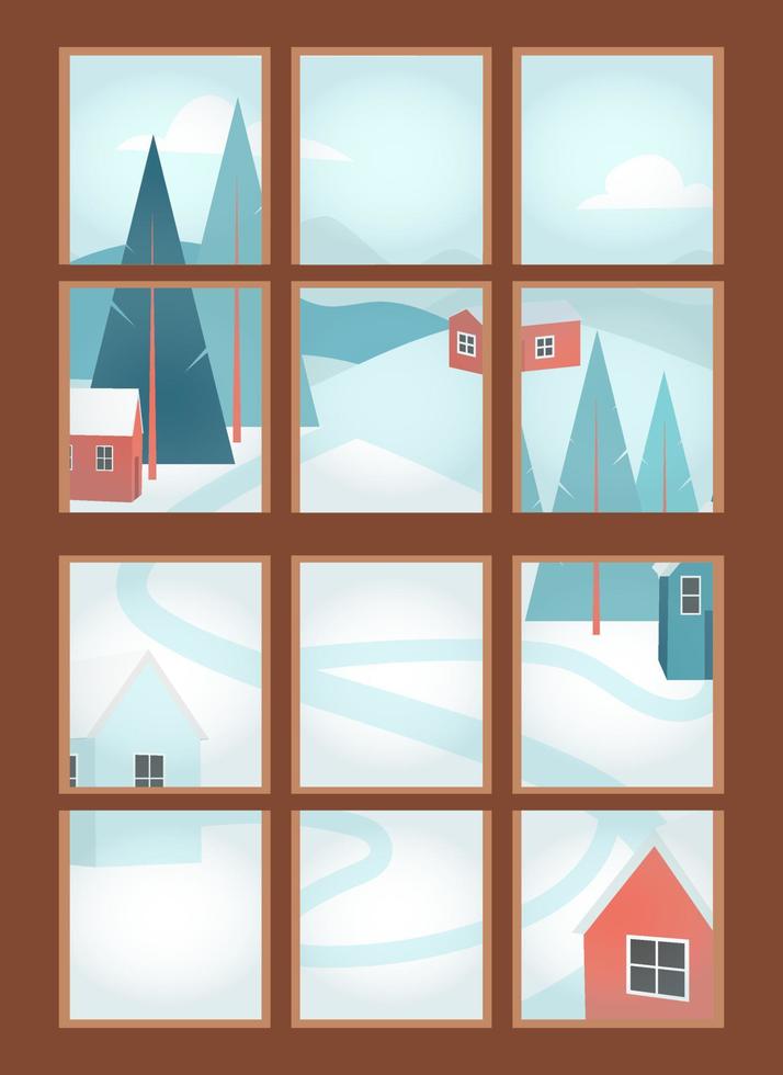 Vacation in the mountains inside the warm cozy house looking through the window. Winter landscape snow, houses and trees. Little village house hygge. Forest background ski resort. Vector illustration.