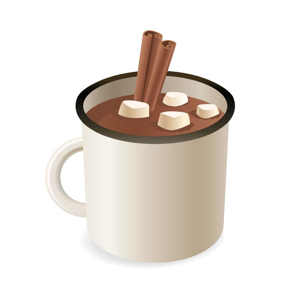 Homemade spicy hot chocolate with a cinnamon stick in an enamel cup. Hot cocoa with marshmallows in a white ceramic mug. The concept of a cozy holiday and the New Year. Vector realistic illustration.