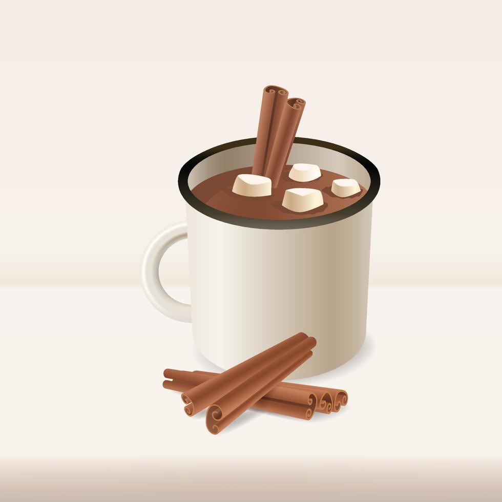 chocolate caliente picante casero con un palito de canela en una taza de esmalte. chocolate caliente con malvaviscos en una taza de cerámica blanca. el concepto de unas vacaciones acogedoras y el nuevo año. ilustración vectorial realista. vector