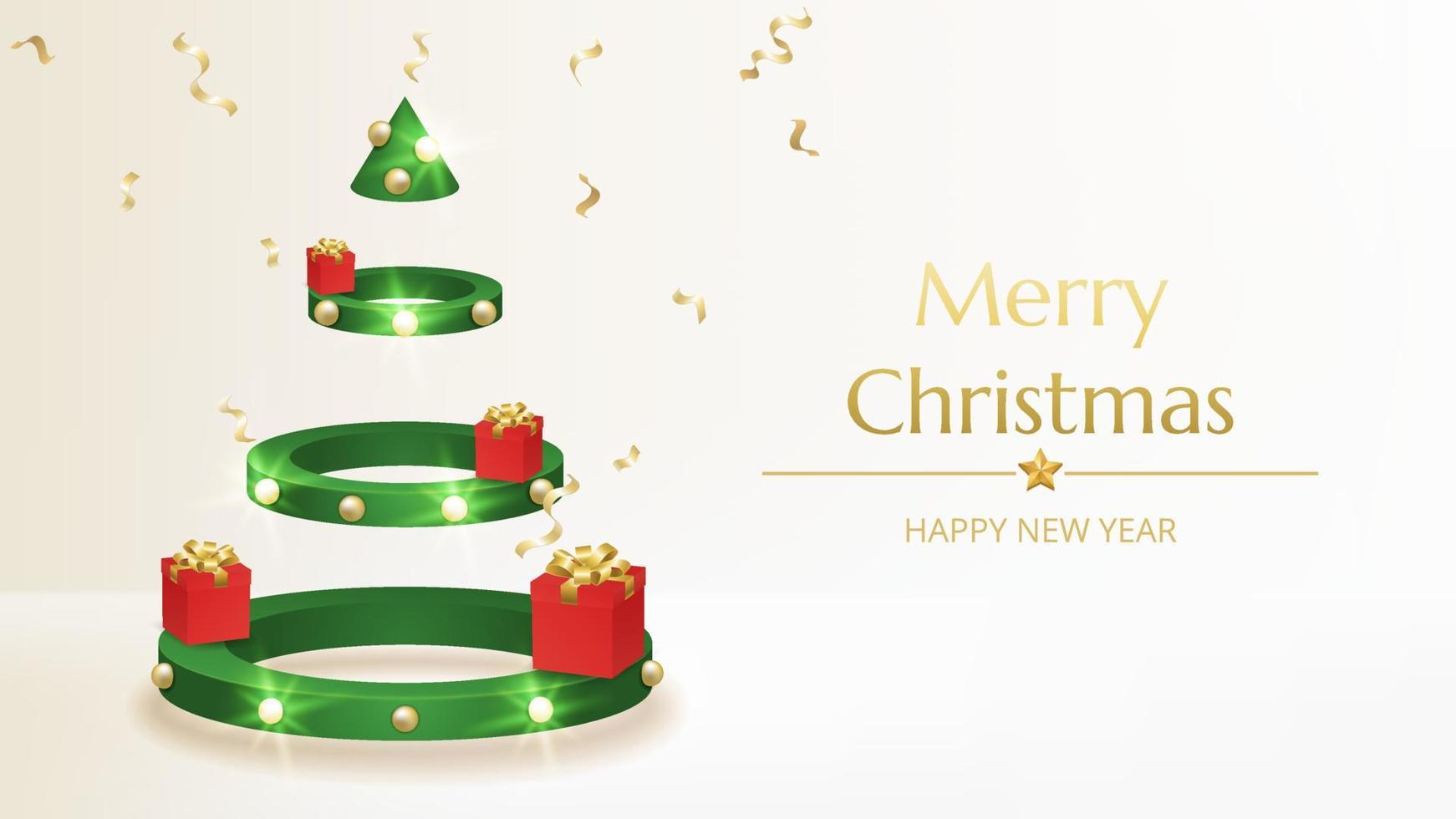 Merry Christmas Happy New Year background. Green Christmas tree 3d render of cylinder, sharp cone, lush pine and spruce green tree stage. Holiday gifts. Round studio podium, realistic 3d garland glow. vector