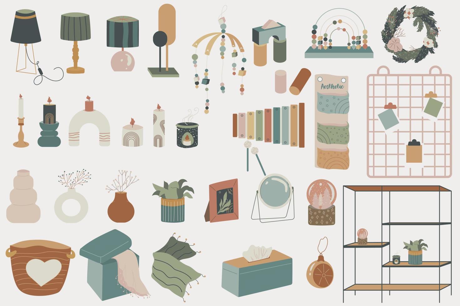 Aesthetic home items big set. Vector accessories for a cozy home and children's room in one set.