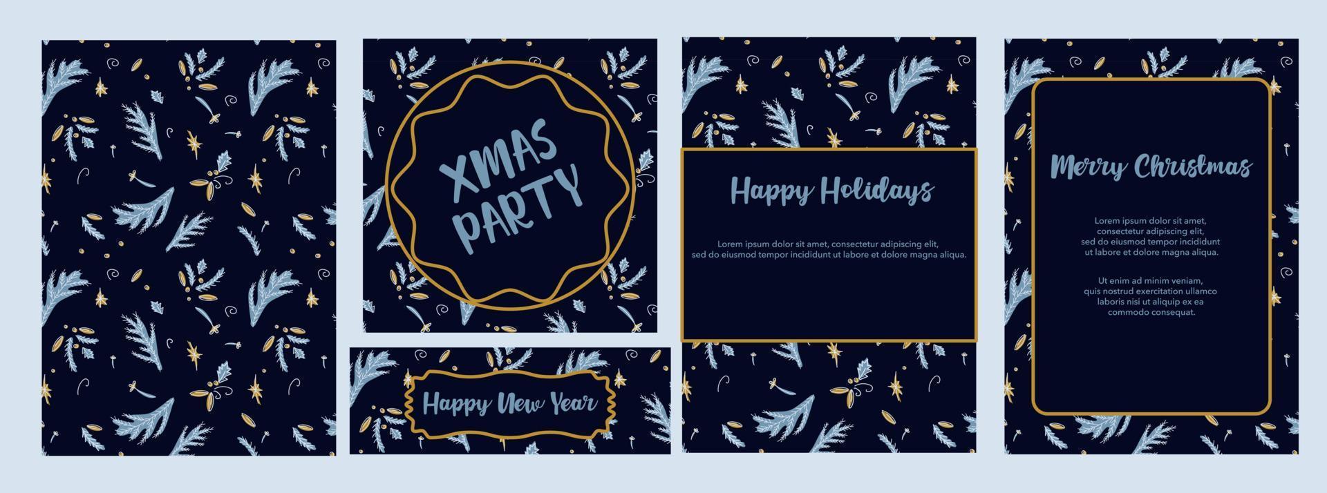 Set of New Year templates for cards, invitations and banners. Dark background XMAS party, Happy Holidays, Merry Christmas, Happy New Year. vector