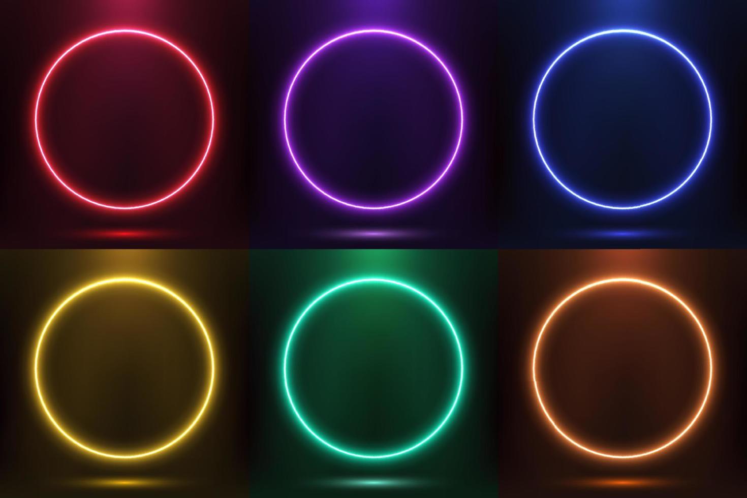 conjunto de círculos de color neón brillantes de forma redonda con efecto de iluminación aislado en el concepto de tecnología de fondo negro vector