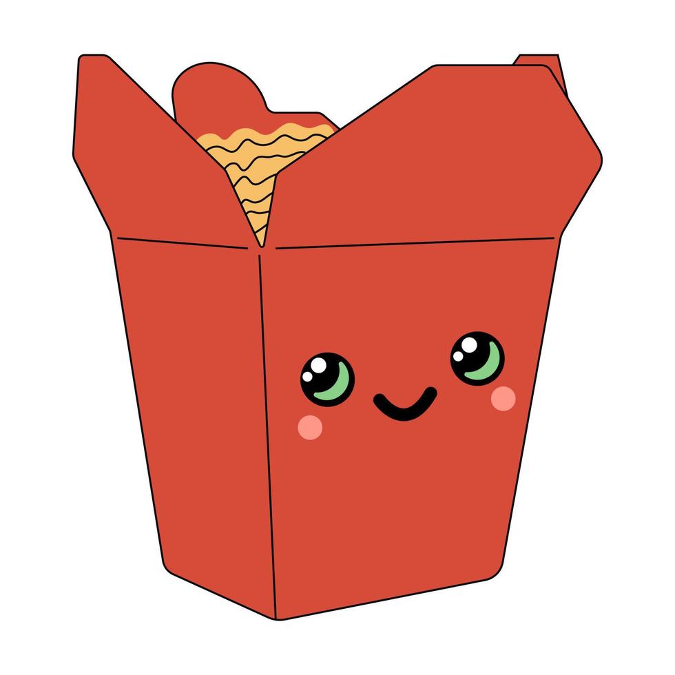 Asian wok box with ramen noodles cartoon character. Isolated vector ramen personage. Happy fast food positive emoji, funny kawaii meal in carton package