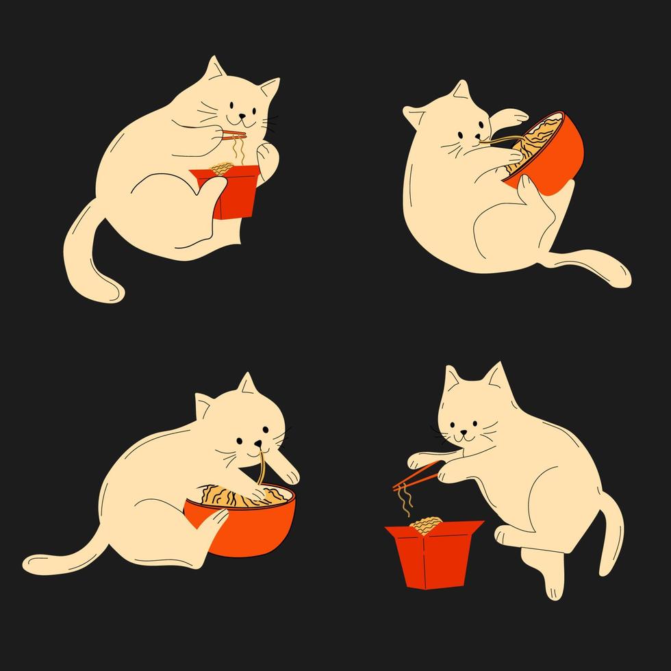 Set of Cutest cats eating noodles and uses chopsticks. Ramen. Asian food. vector