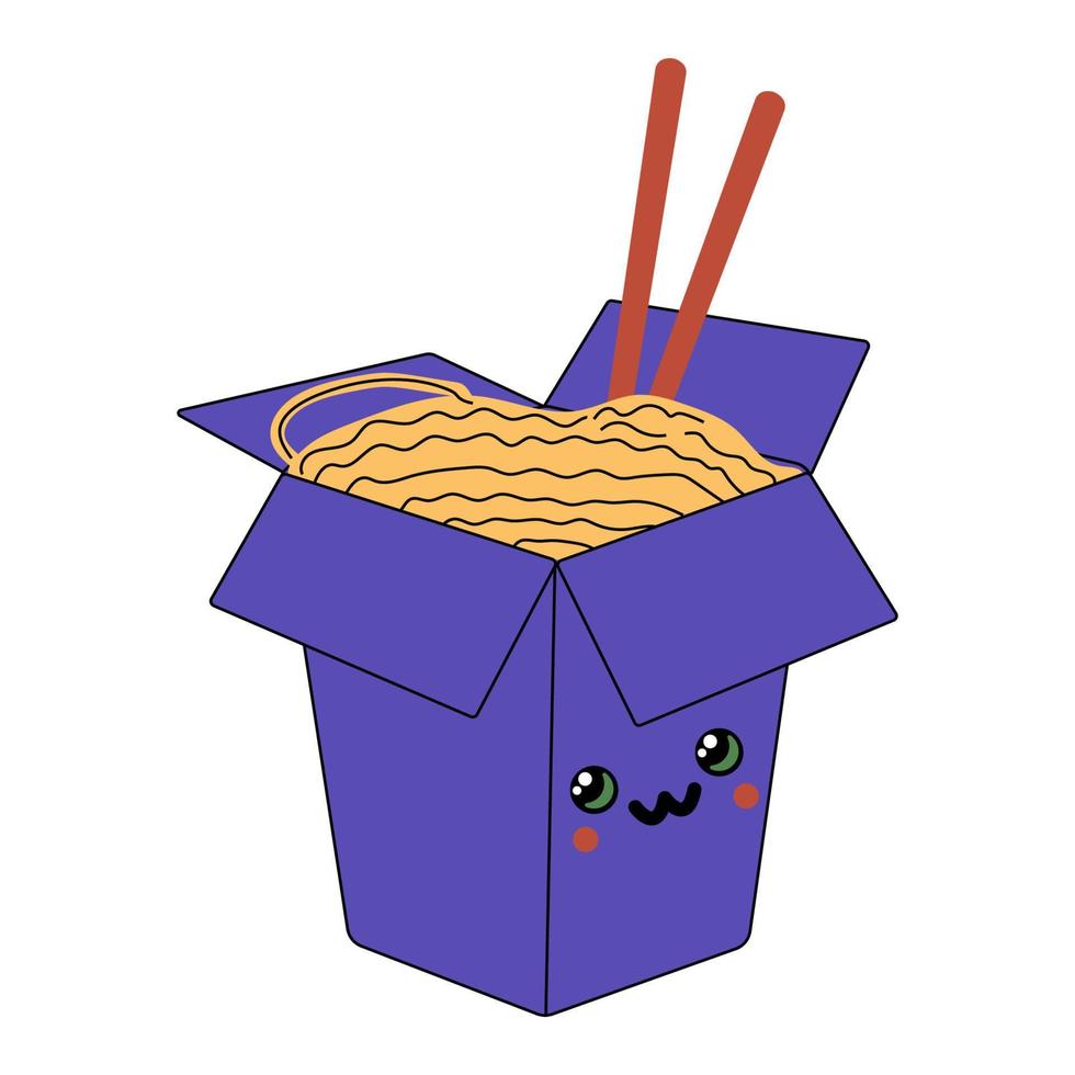 Asian wok box with ramen noodles cartoon character. Isolated vector ramen personage. Happy fast food positive emoji, funny kawaii meal in carton package