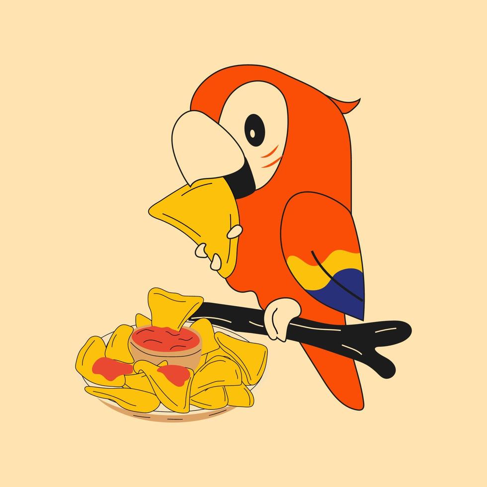 una mascota de loro come nachos. bocadillos de comida rápida de nachos mexicanos vector