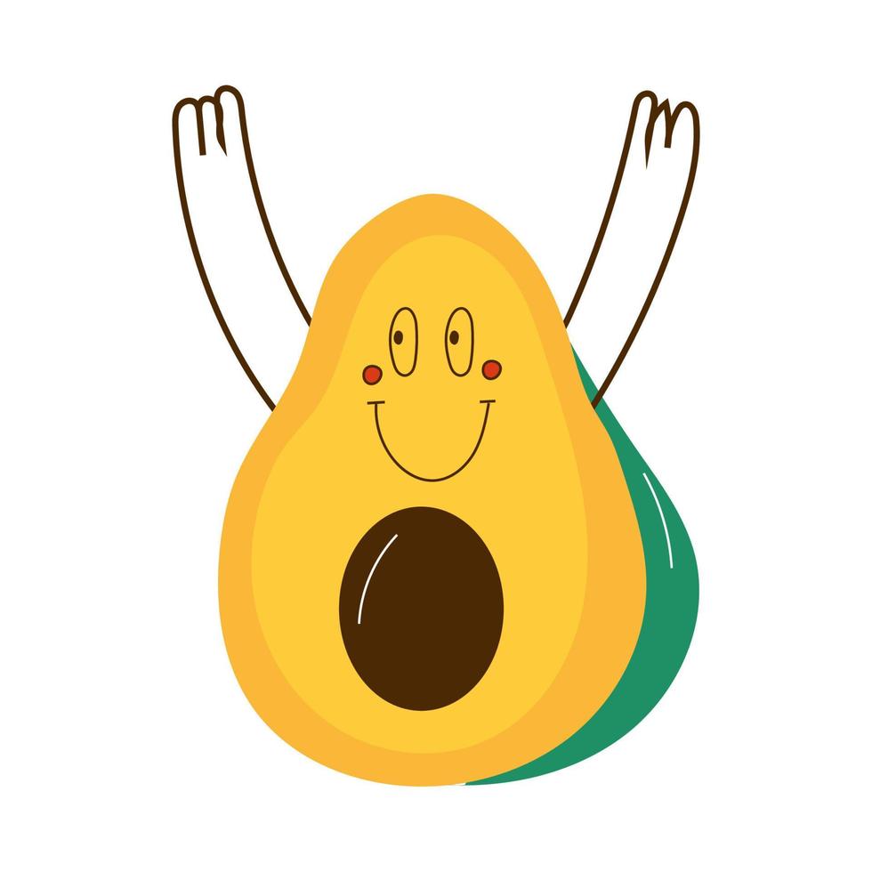 Avocado with face emotions, hands and legs. Hand drawn trendy Vector illustration for kids. Cute funny characters. All elements are isolated