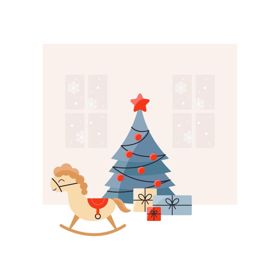 ilustración vectorial del árbol de navidad con regalos y un caballo vector