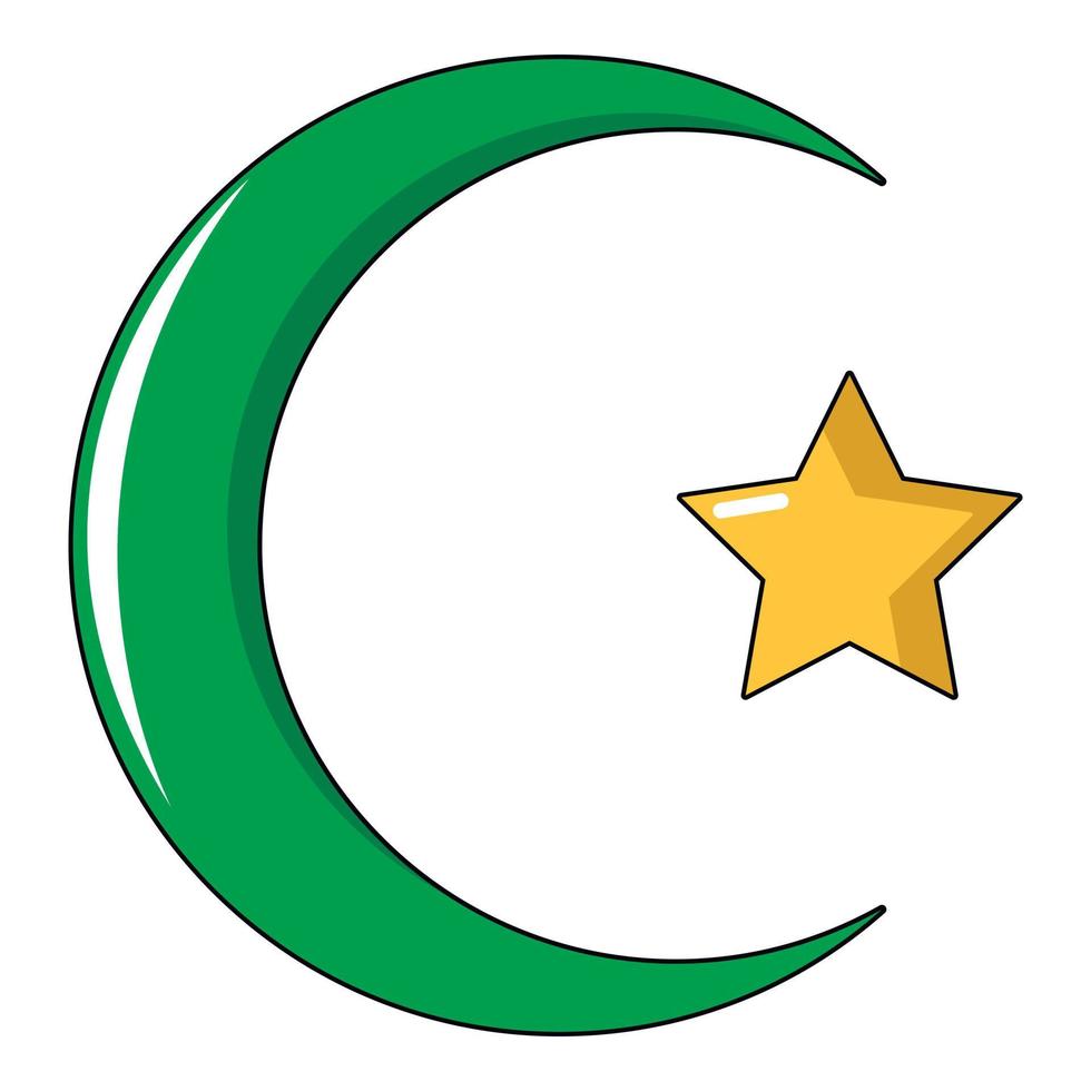 estrella, símbolo de la media luna del icono del islam, estilo de dibujos animados vector