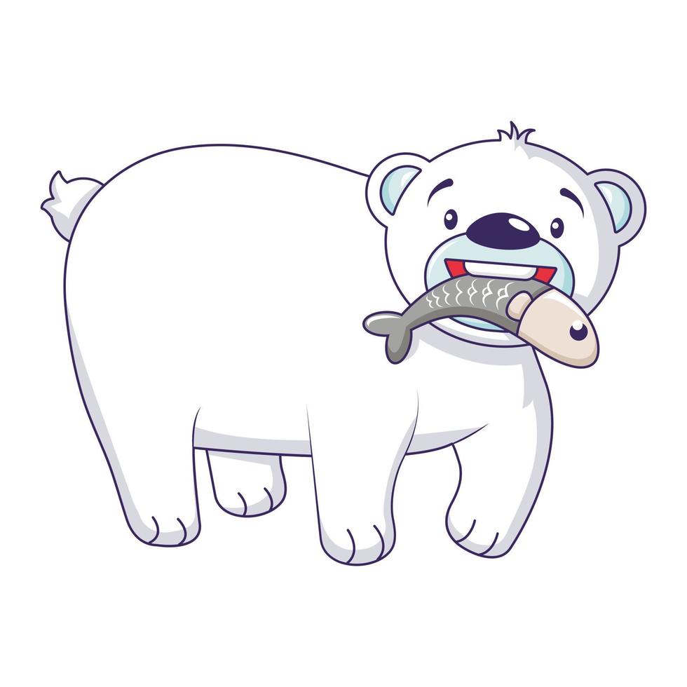 Polar bear with fish icon, cartoon style vector