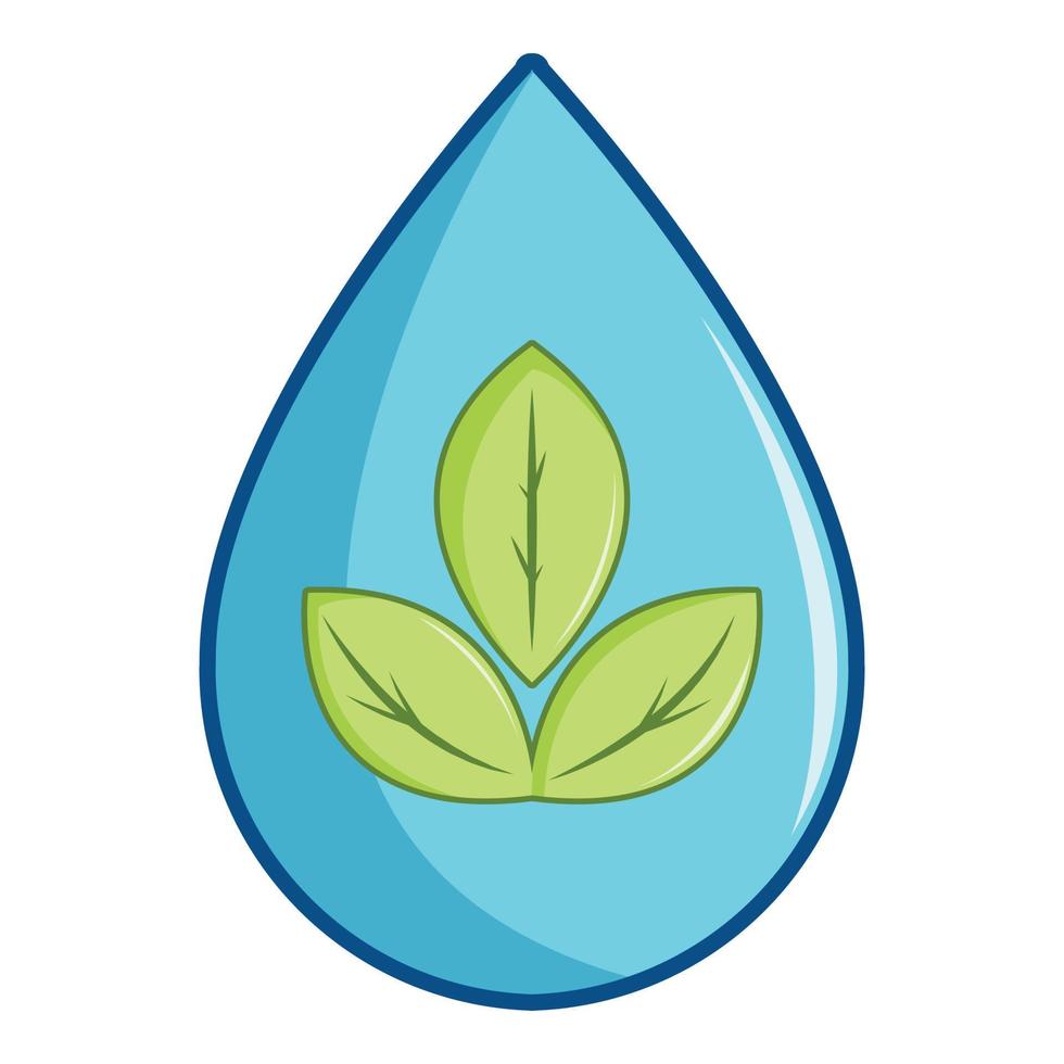 Green leaves inside water drop icon, cartoon style vector
