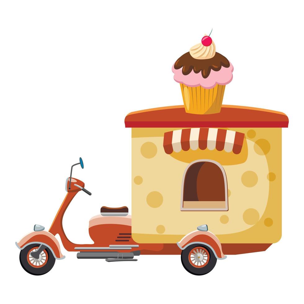 Cupcake moped mobile snack icon, cartoon style vector