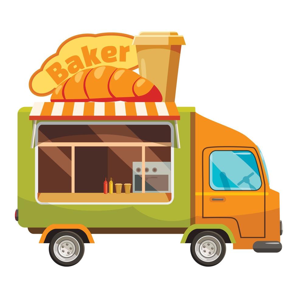 Baker van mobile snack icon, cartoon style vector