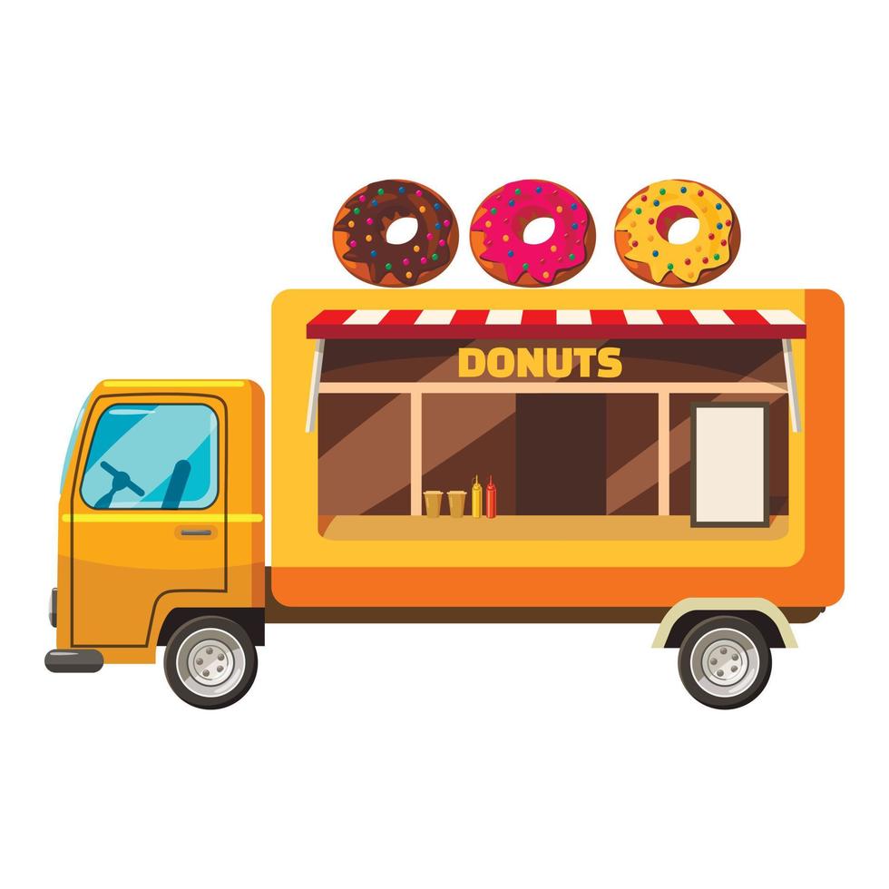 Donut truck mobile snack icon, cartoon style vector