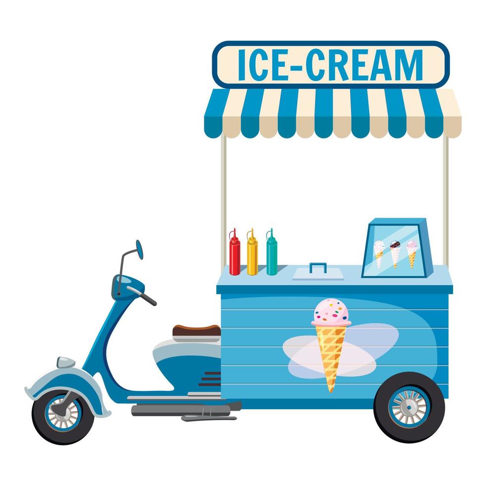 Ice cream moped mobile snack icon, cartoon style vector