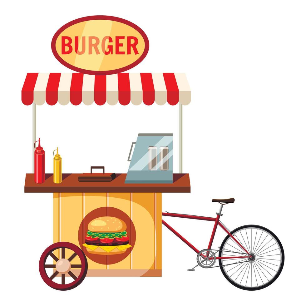 bicicleta, hamburguesa, móvil, merienda, icono, caricatura, estilo vector