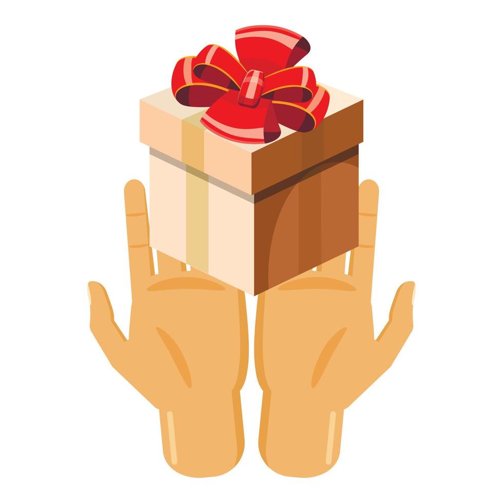 manos sosteniendo una caja de regalo con un icono de lazo rojo vector