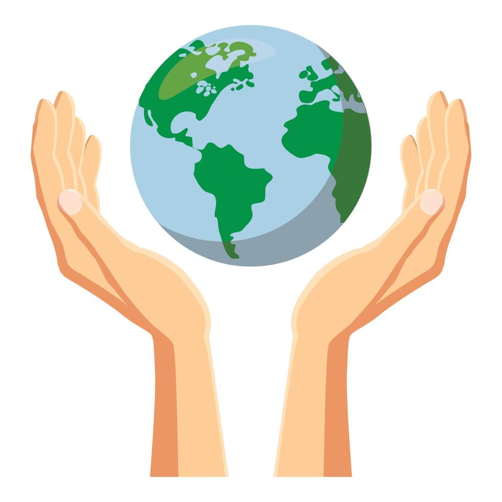 manos sosteniendo el icono de la tierra del globo, estilo de dibujos animados vector