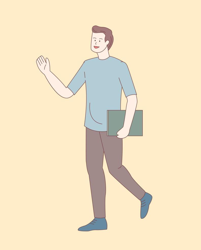 man standing holding book and greeting others with outline or line and clean simple style vector