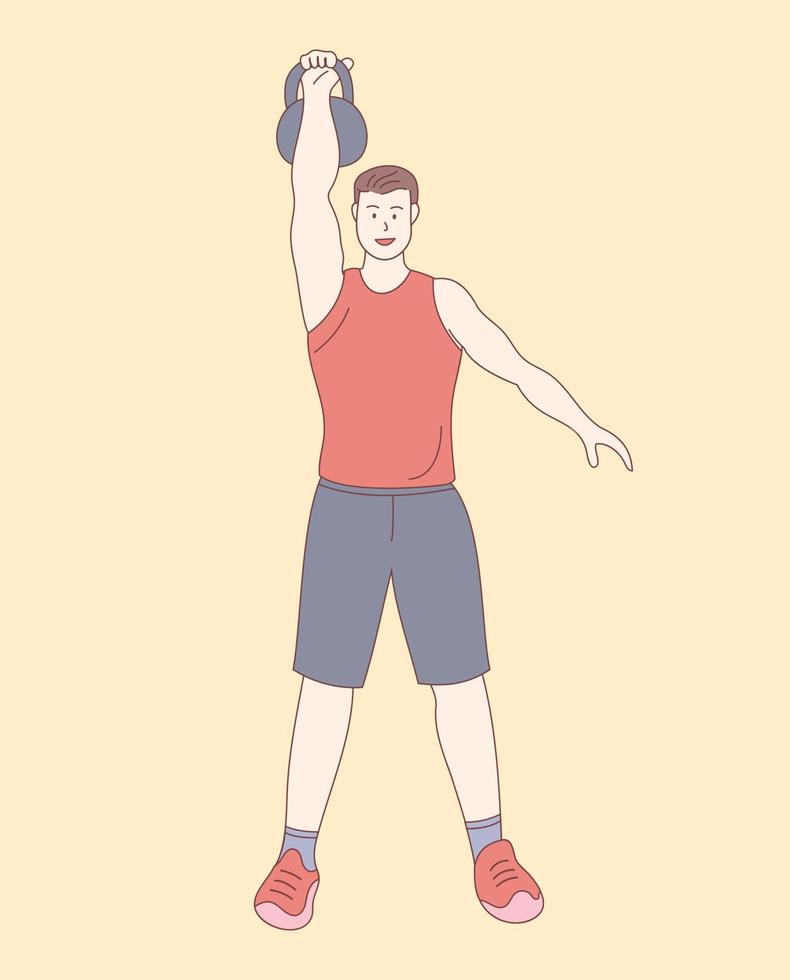 man lifting kettlebell in gym standing with outline or line and clean simple style vector