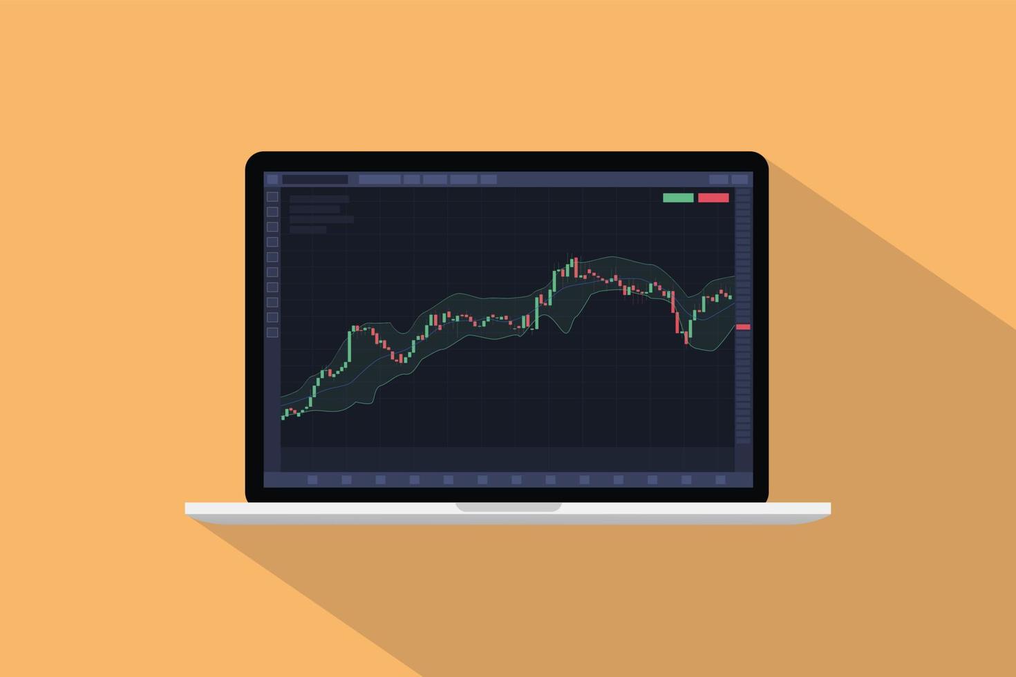 concepto de indicador de análisis técnico de la banda de bollinger en la pantalla del portátil con candelabro con estilo plano moderno y estilo de sombra larga vector
