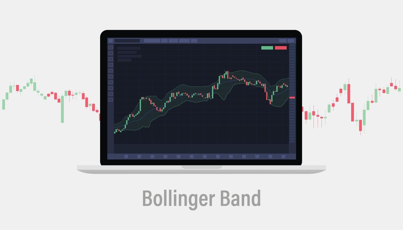 concepto de indicador de análisis técnico de la banda de bollinger en la pantalla del portátil con candelabro con estilo plano moderno vector