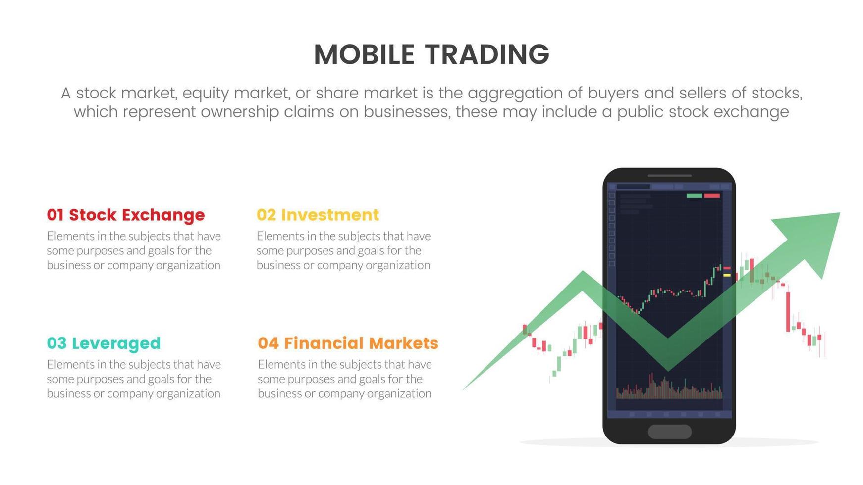 concepto de infografía de intercambio de comercio de bolsa de comercio móvil en línea para presentación de diapositivas con lista de 4 puntos vector