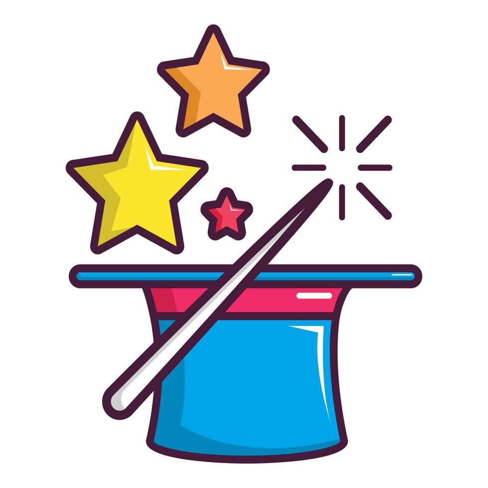 Colorful magic hat and wand icon, cartoon style vector