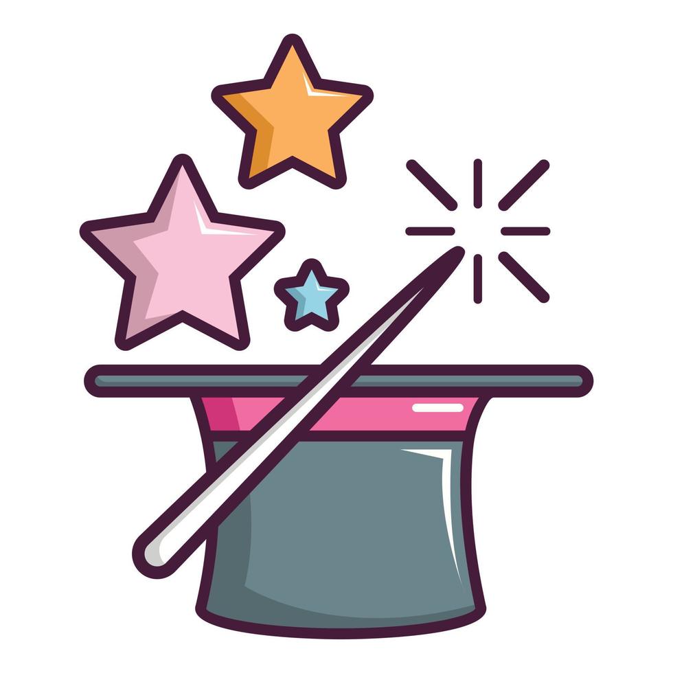 Magic hat with magic wand icon, cartoon style vector