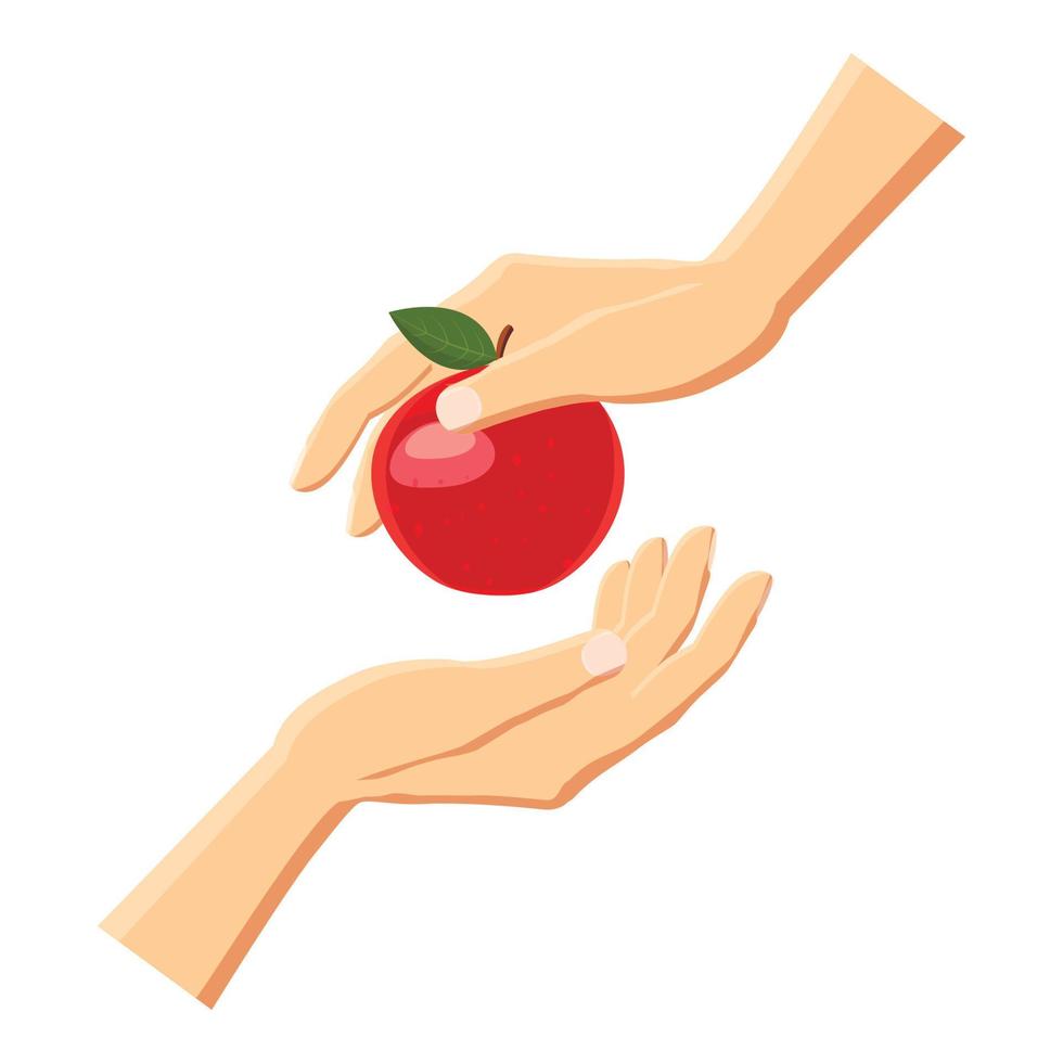 Hand giving red apple icon, cartoon style vector