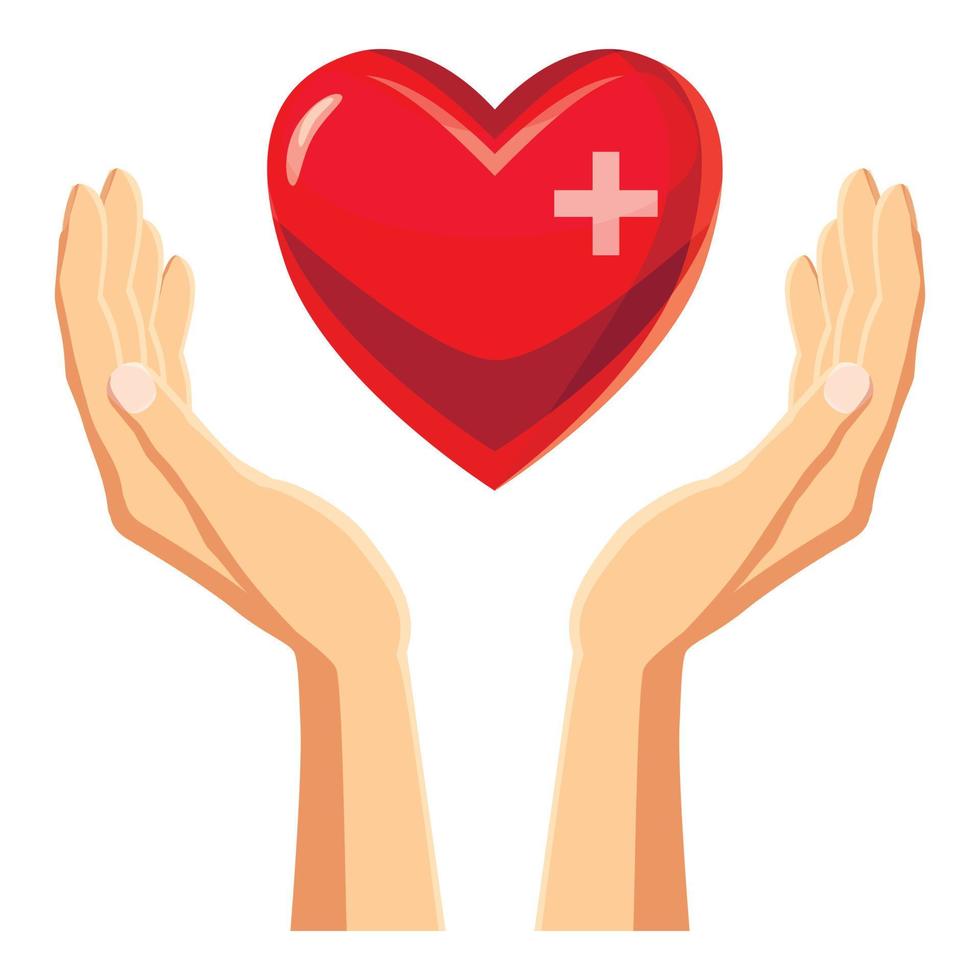 Hands holding red heart with cross icon vector