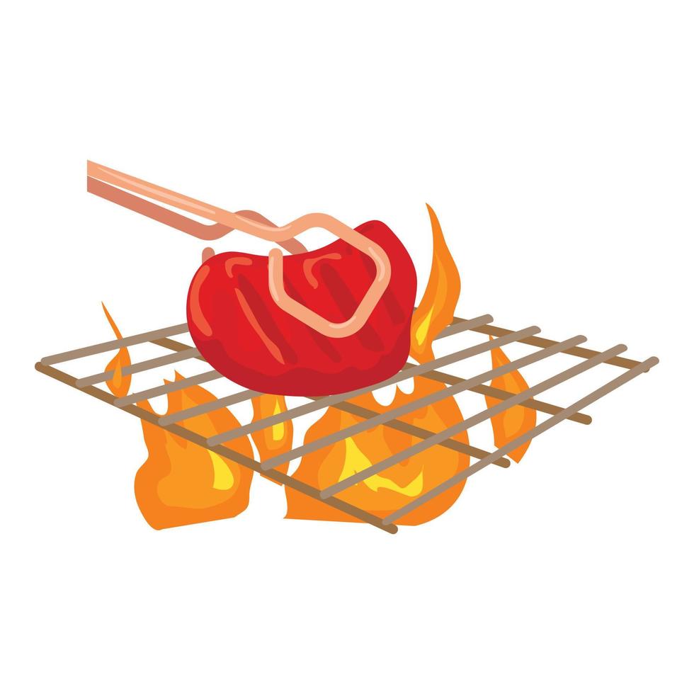 cocinar carne de res en el icono de la barbacoa, estilo de dibujos animados vector