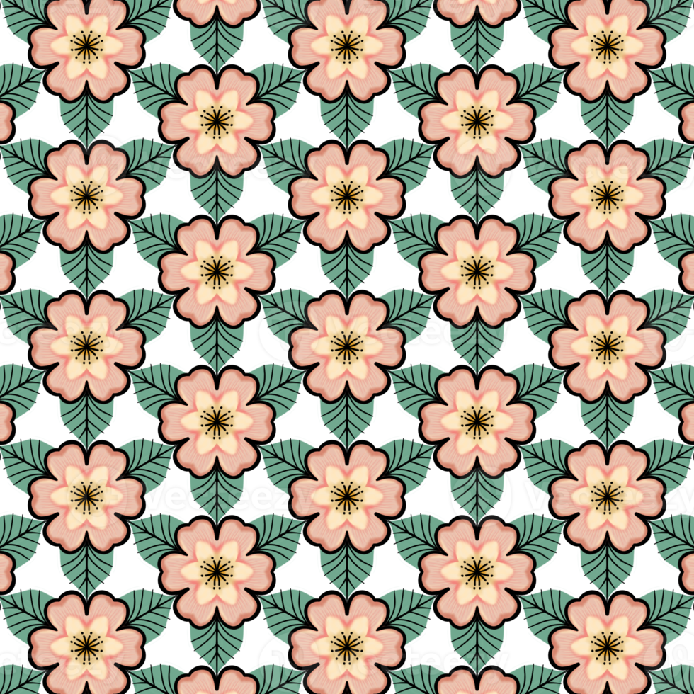 Hand drawn pink flowers pattern transparent background. png