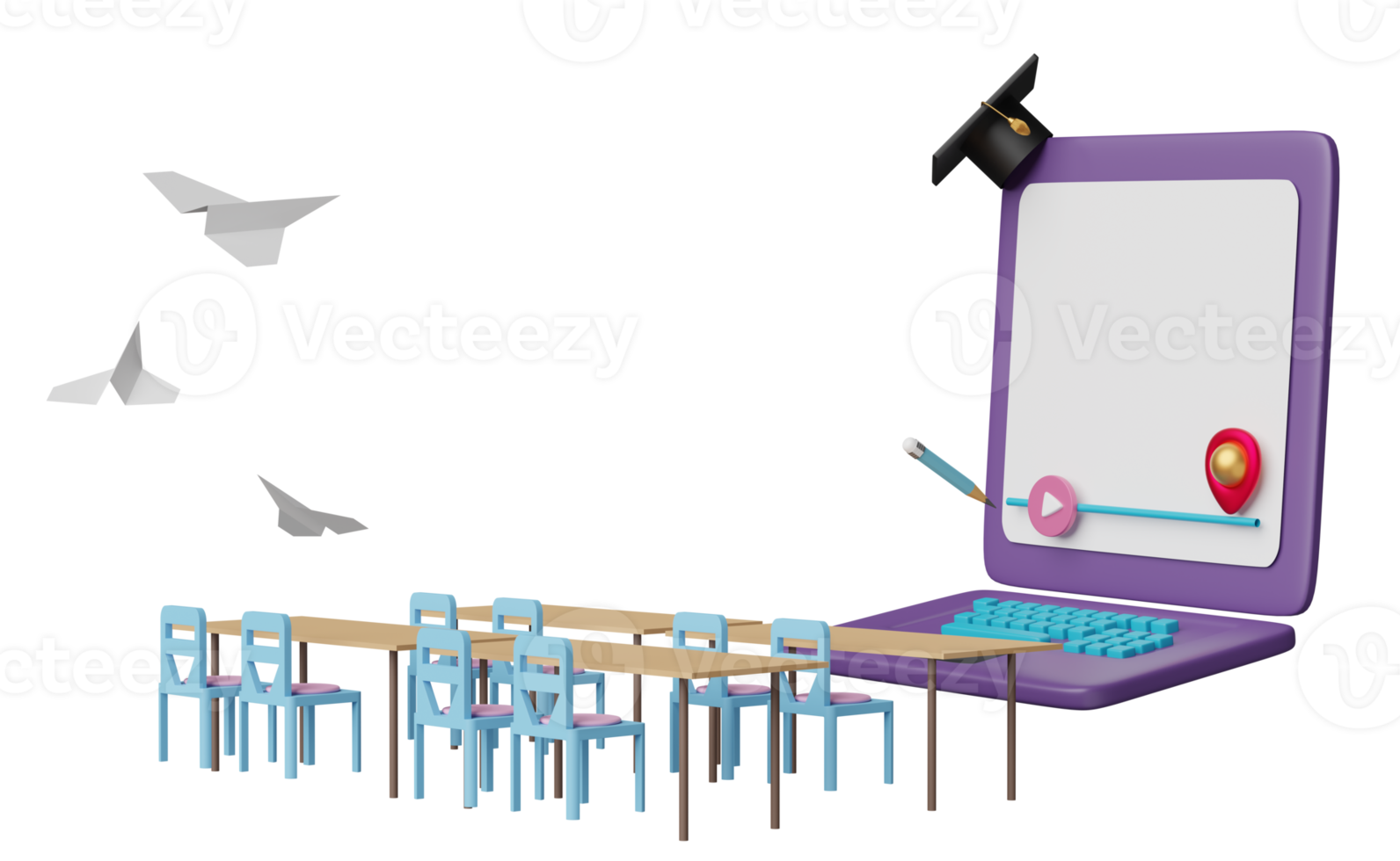 ordinateur portable violet avec barre de jeu, diplôme de chapeau, avion en papier, bureau d'étudiant, chaise isolée. salle d'éducation innovante en ligne, concept d'apprentissage en ligne, illustration 3d ou rendu 3d png