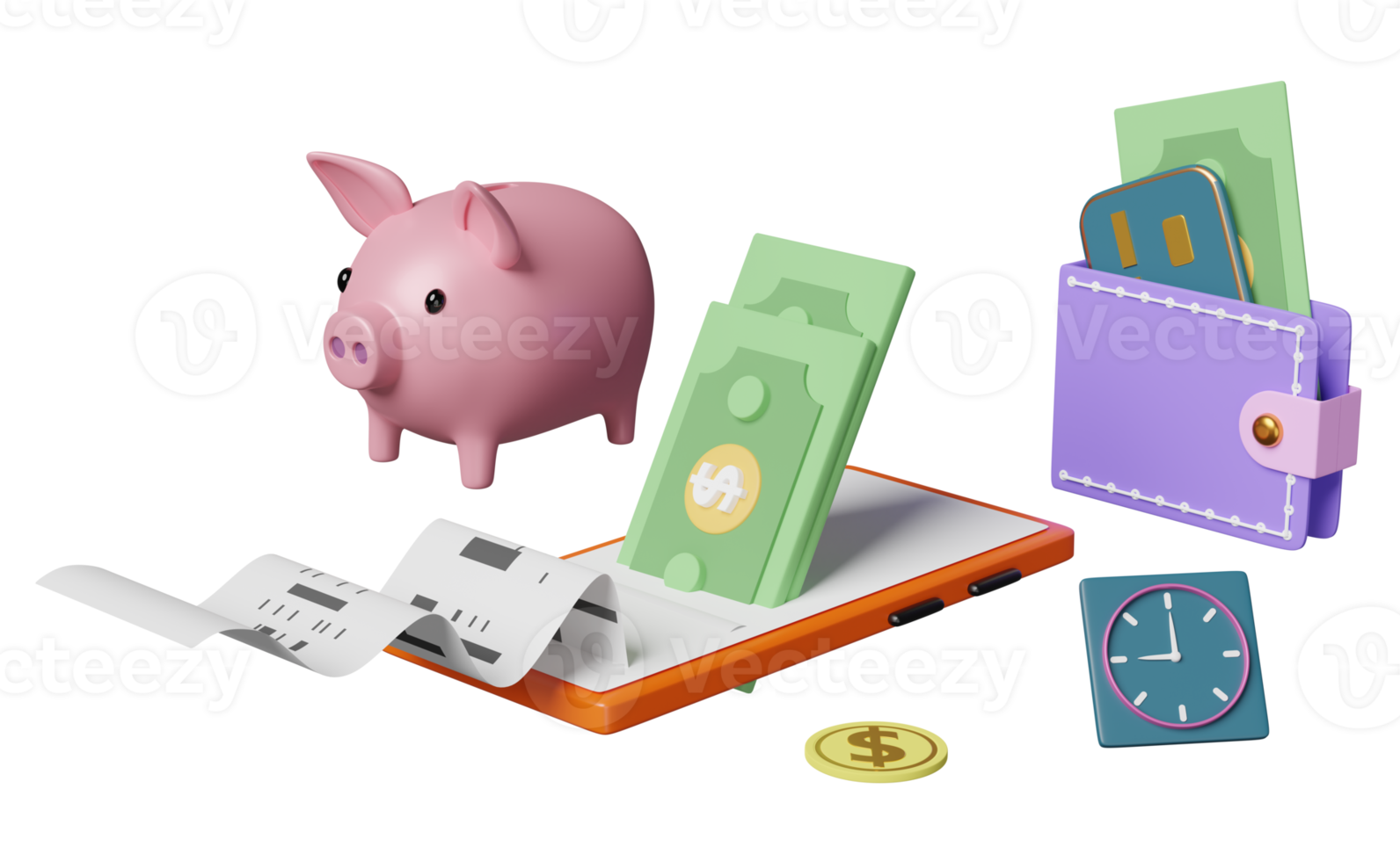 mobile phone, smartphone with wallet, coins, dollar banknote, piggy bank, credit card, invoice,paper check receipt, electronic bill payment, saving money concept, 3d illustration, 3d render png