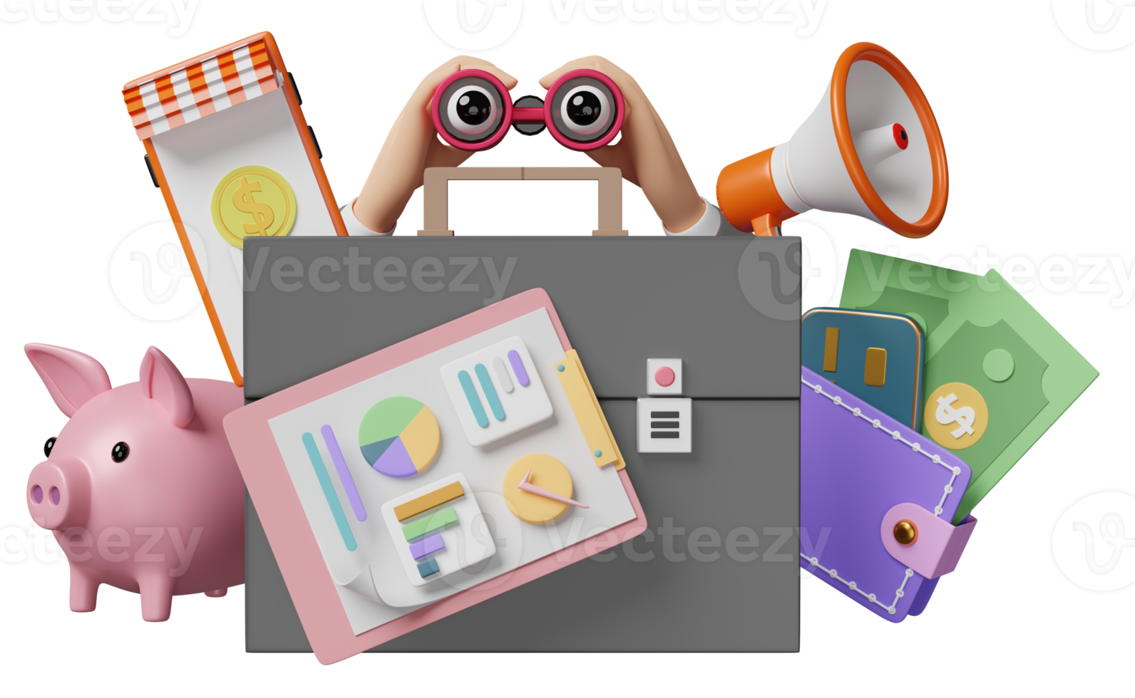 briefcase with analysis business financial data, white clipboard checklist, binocular, wallet, megaphone isolated. Online marketing, business strategy concept, 3d illustration or 3d render png
