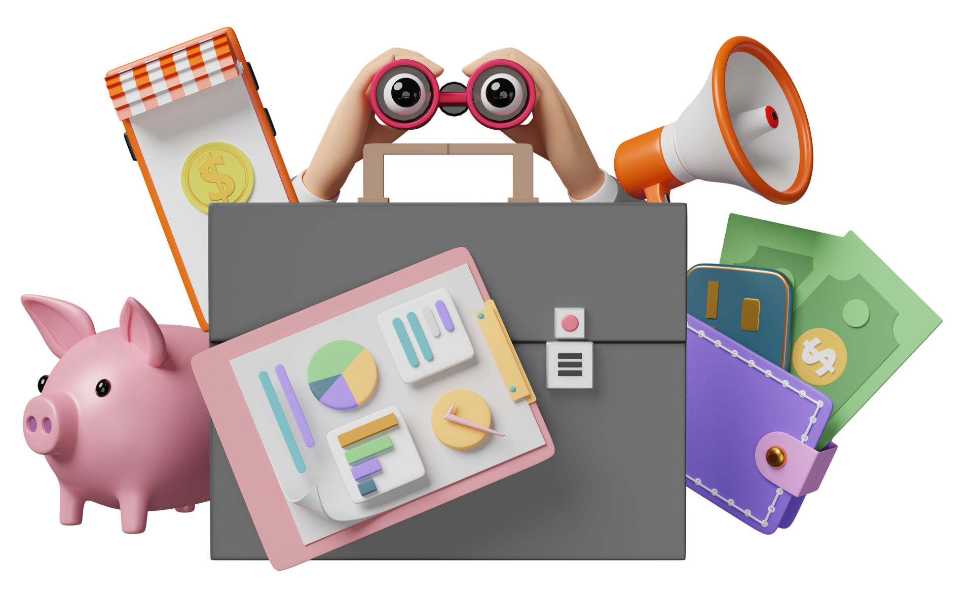 briefcase with analysis business financial data, white clipboard