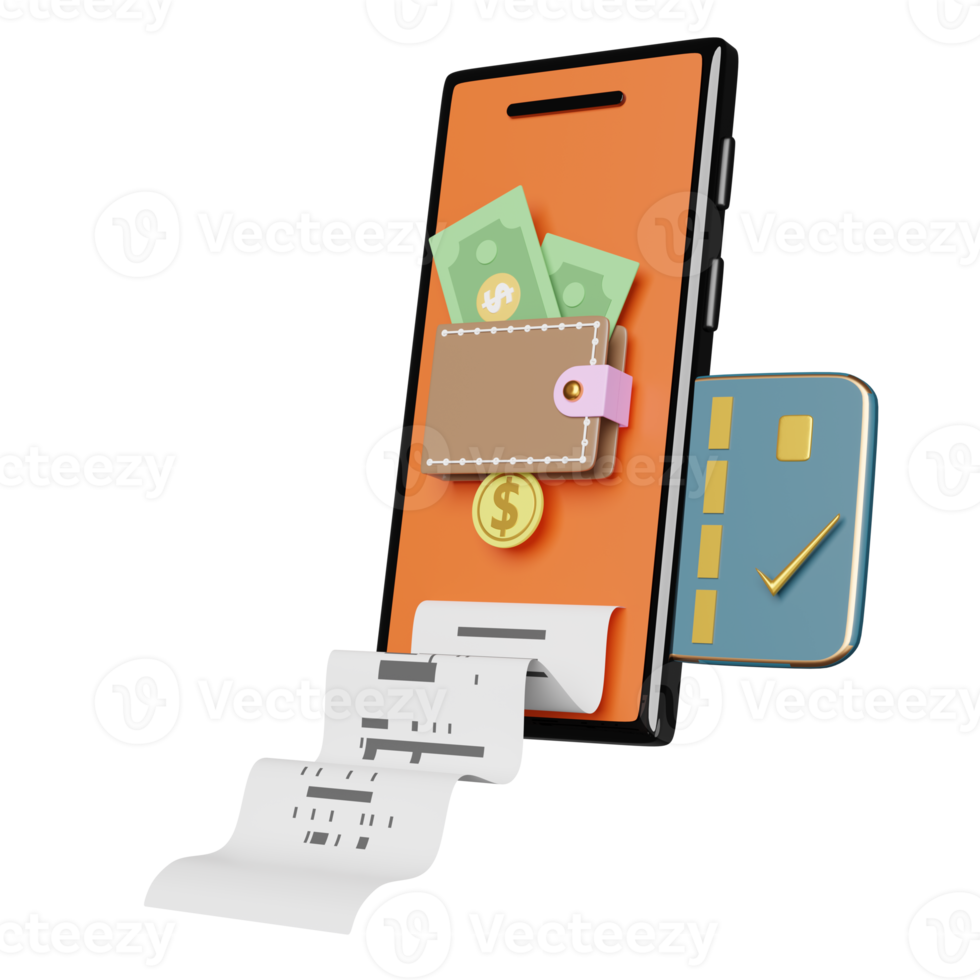 wallet and orange mobile phone, smartphone with coins, dollar banknote, credit card, invoice, paper receipt, electronic bill payment on yellow.saving money concept, 3d illustration, 3d render png