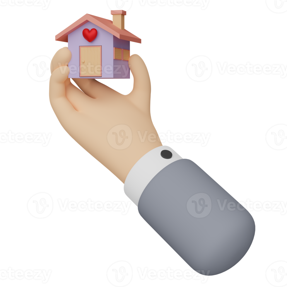 cartoon businessman hands holding purple house isolated. 3d illustration or 3d render png